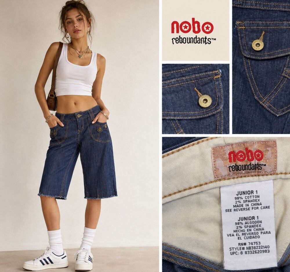 Y2K Indie Sleaze 2000s Nobo Junior's Bermuda Denim Shorts Sz 1 Dark Wash Raw Hem